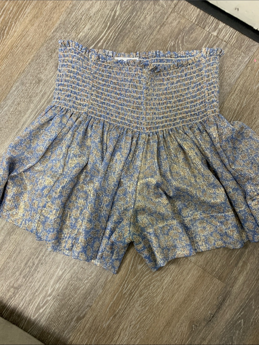 Smocked High-Waist Floral Shorts in Blue and Gold